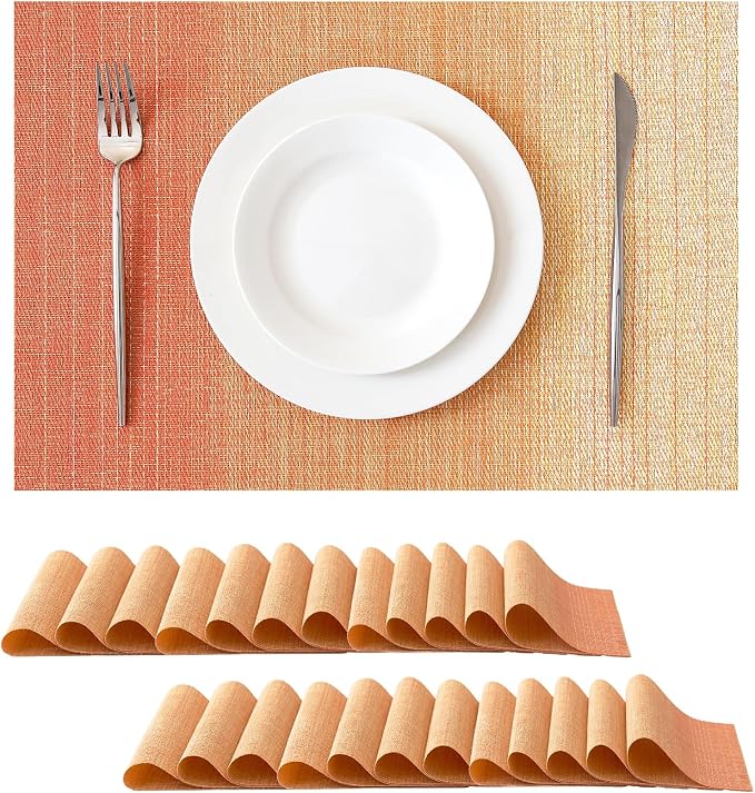 Leetaltree Gradient Burnt Orange Woven Placemats Set of 24 - Heat Resistant Non-Slip Fall Place Mats for Dining Table, Washable Durable PVC Vinyl Woven Table Mats(Gradient Orange-red, 24) by Leetaltree-ArtatEveryTable