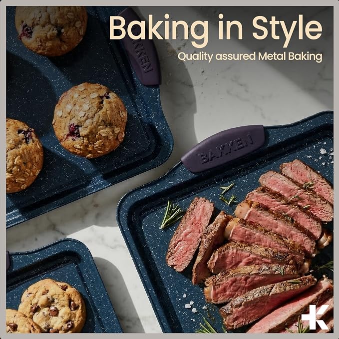 BAKKEN Kitchen Baking Pan Set - Nonstick Coating, Carbon Steel Bakeware Sets with Blue Silicone Handles, Baking Kitchen Essentials, PFOA, PFOS, PTFE Free, Oven Safe Tray (Up To 450° F), Set of 10 - Image 8