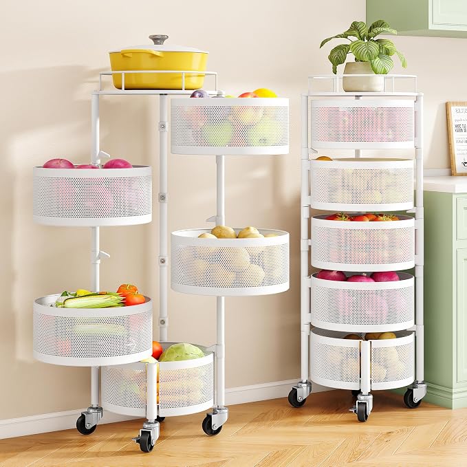 SNTD Fruit and Vegetable Basket Bowls for Kitchen with Metal Top Lid, 5 Tier Rotating Storage Rack Cart for Potato Onion Banana, Wire Basket Organizer on Wheels, Large (White) by SNTD