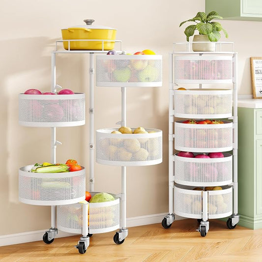 SNTD Fruit and Vegetable Basket Bowls for Kitchen with Metal Top Lid, 5 Tier Rotating Storage Rack Cart for Potato Onion Banana, Wire Basket Organizer on Wheels, Large (White) by SNTD