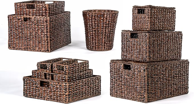 happimess Traditional 10-Piece Hyacinth Wicker Baskets, Dark Brown Wash | Hand-Woven Iron Frame Storage, Lidded Trunk, Trash Bin, Southwestern Style, Living Room Bedroom Decor by Happimess