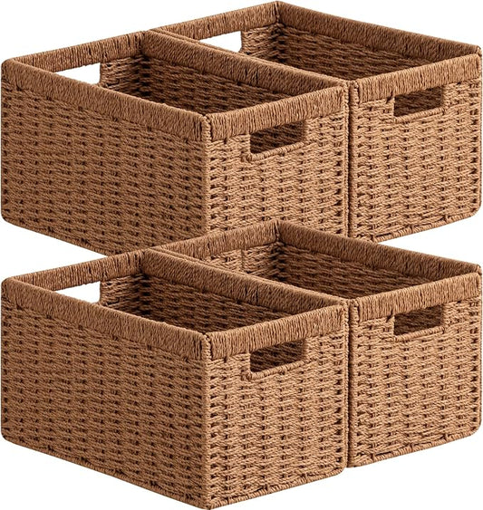 UBBCARE 4 Pack Wicker Basket, 13.4L×8.3H×7.1W inch Woven Paper Rope Storage Baskets for Shelves, Foldable Rectangular Storage Baskets with Handle, Storage Basket for Organizing, Caramel by UBBCARE