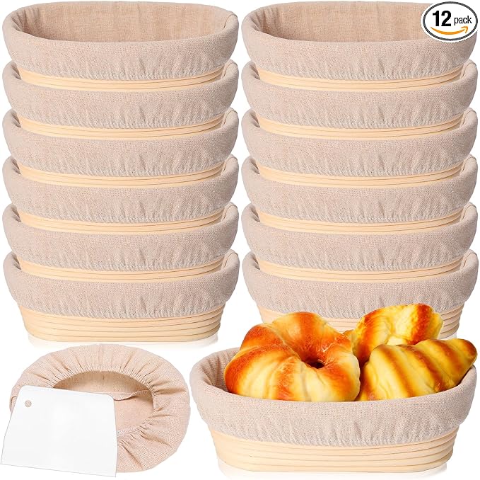 Gejoy 12 Set Bread Proofing Baskets Oval Shaped Banneton Dough Proofing Bowls Kit with Cloth Liner and Plastic Scraper Sourdough Proofing Basket for Home Sourdough Bakers Supplies (10 Inch) by Gejoy
