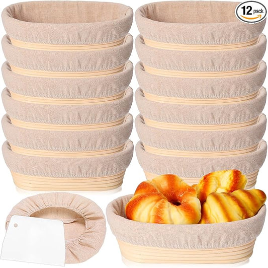Gejoy 12 Set Bread Proofing Baskets Oval Shaped Banneton Dough Proofing Bowls Kit with Cloth Liner and Plastic Scraper Sourdough Proofing Basket for Home Sourdough Bakers Supplies (10 Inch) by Gejoy