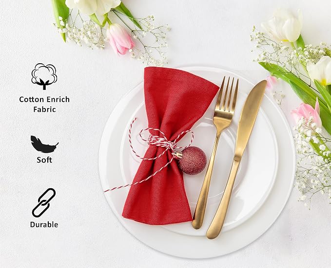 Ruvanti Cloth Napkins Set of 6, 18x18 Inches Napkins Cloth Washable, Soft, Durable, Absorbent, Cotton Blend. Table Dinner Napkins Cloth for Hotel, Weddings, Dinner, Christmas Parties - Red - Image 2