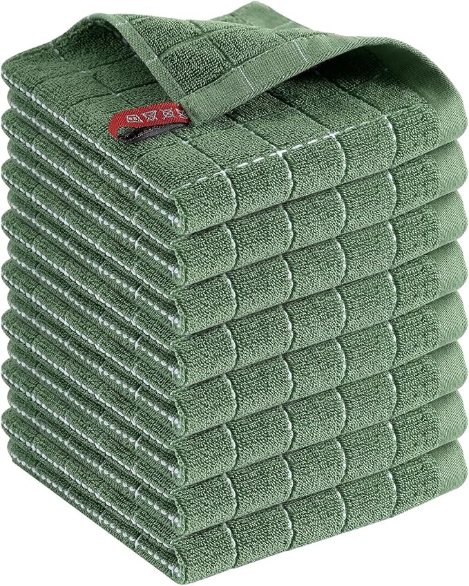 Kitinjoy 100% Cotton Terry Kitchen Dish Cloths, 8-Pack, Grass Green | Ultra Soft and Absorbent Dish Towels for Kitchen, Suitable for Drying and Washing Dishes, 12”x 12” by Kitinjoy