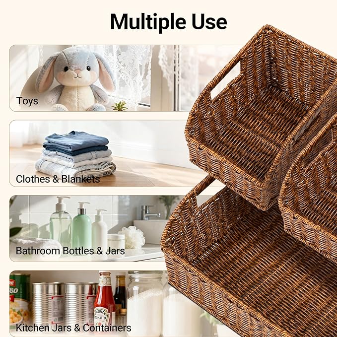 Brownlily Faux Wicker Pantry Storage Baskets, Brown-Double Set (6-Piece) | Handwoven Baskets for Organizing with Built-in Handles, All-Purpose Storage Baskets with Chalkboard for Shelves,Laundry Room - Image 4