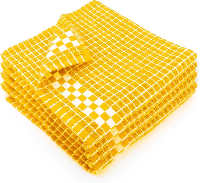Fecido Classic Dark Kitchen Dish Towels with Hanging Loop - Heavy Duty Absorbent Dish Clothes - European Made 100% Cotton Tea Towels - Set of 4, Yellow by Fecido
