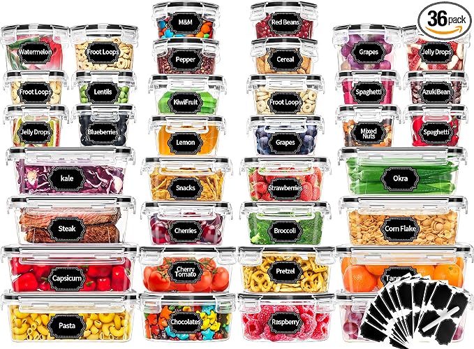 Skroam 72 piece Food Storage Containers Set with Airtight Lids (36 Containers & 36 Lids), Plastic Leak-Proof Kitchen Storage Containers for Pantry Organizers and storage - Meal Prep, Lunch Containers by Skroam
