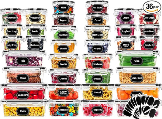 Skroam 72 piece Food Storage Containers Set with Airtight Lids (36 Containers & 36 Lids), Plastic Leak-Proof Kitchen Storage Containers for Pantry Organizers and storage - Meal Prep, Lunch Containers by Skroam