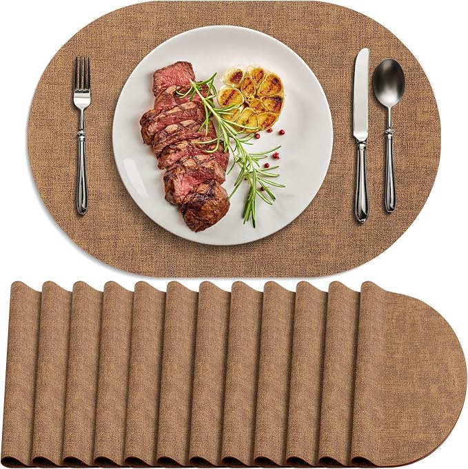 Placemats Set of 12 - Washable Heat Resistant Table Placemats - Wipeable Faux Leather Oval Place Mats, Waterproof Table Mats for Dining Table, Brown by Delicateandelegantplacemats