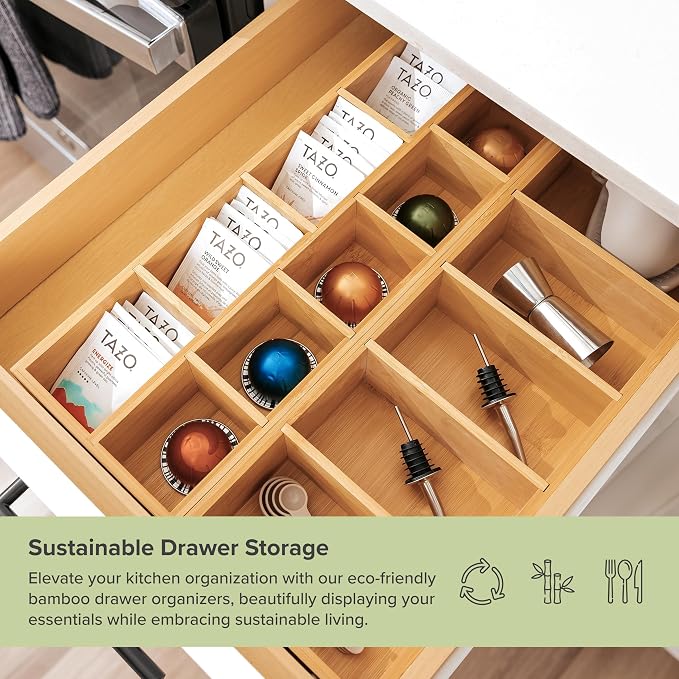 Utensil & Tea Bag Drawer Organizer, Bamboo | 14-compartment design, removable dividers, non-slip feet, sustainable bamboo - Image 5