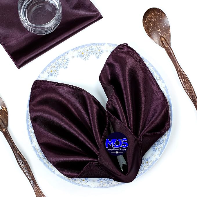 Set of 100 PCS Satin Napkin 12x12 Inch Square, Dinner Table Napkins for Wedding, Bulk Silky Sateen Cloth Napkins for Restaurant Banquet Graduation Birthday Party Decoration - Plum by MDS