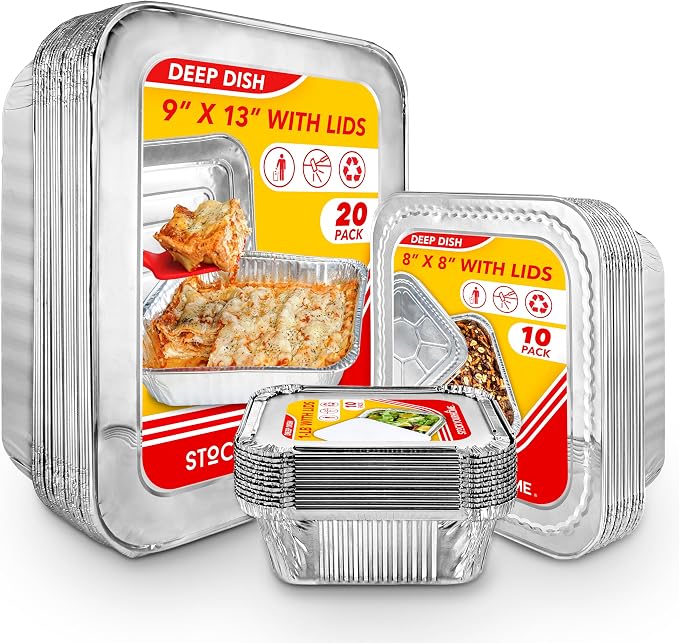 Stock Your Home Disposable Foil Pans with Lids (Set of 40) Heavy Duty Aluminum Pans with Lids (20) 9x13, (10) 8x8, (10) 1-Lb Baking Tins with Covers for Cooking, Heating, Storing, Holiday Dinner Meals by StockYourHome