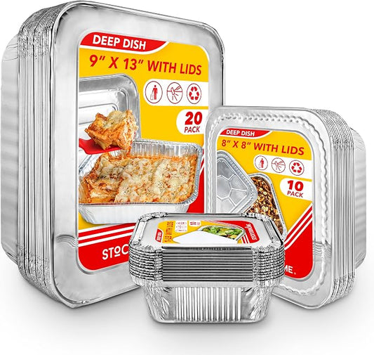 Stock Your Home Disposable Foil Pans with Lids (Set of 40) Heavy Duty Aluminum Pans with Lids (20) 9x13, (10) 8x8, (10) 1-Lb Baking Tins with Covers for Cooking, Heating, Storing, Holiday Dinner Meals by StockYourHome