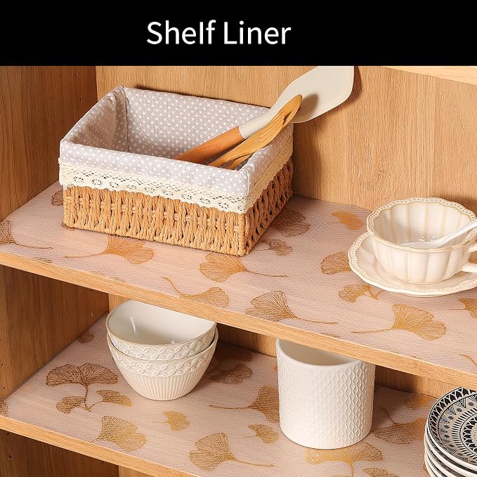 Cooyes Shelf Liner, Non Adhesive Drawer and Cabinet Liner, EVA Washable Oil-Proof Shelf Paper for Kitchen Cabinets, Refrigerator, Storage, Desks with Modern Pattern （Gold Ginkgo，17.5" W x 78.7" L） - Image 4