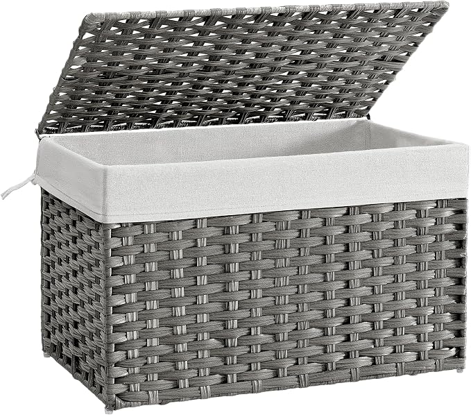 SONGMICS Storage Basket with Lid, Woven Blanket Storage Bin with Handles, Foldable, Removable Liner, Metal Frame, for Bedroom, Laundry Room, 27.7 Gallons (105 L), Gray URST066G01 by Unknown