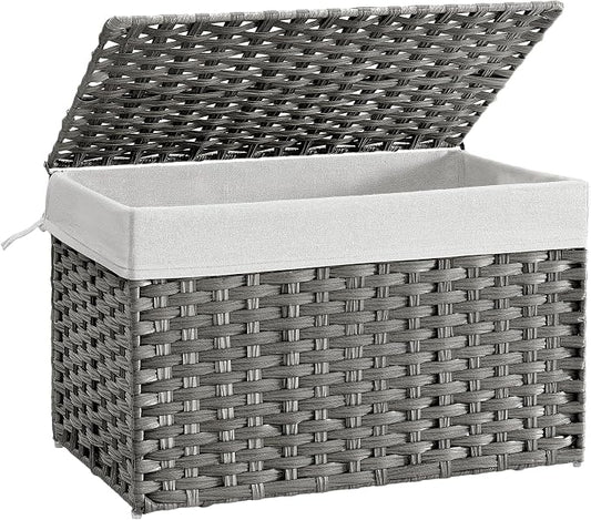 SONGMICS Storage Basket with Lid, Woven Blanket Storage Bin with Handles, Foldable, Removable Liner, Metal Frame, for Bedroom, Laundry Room, 27.7 Gallons (105 L), Gray URST066G01 by Unknown