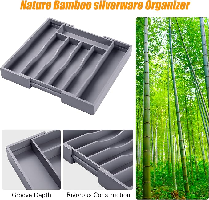 Kitchen Silverware Drawer Organizer and Storage Bamboo Wood Cooking Utensil Holder Cutlery Knife Jewelry Spice Rack Spoon Fork Multi Cabinet Organization Bathroom Counter Expandable Adjustable Tray - Image 4