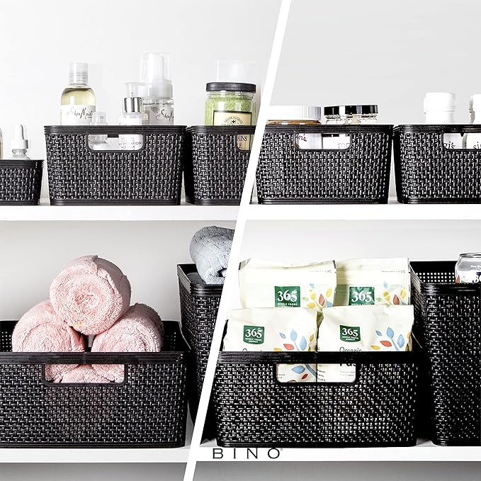 BINO | Woven Plastic Basket | Medium (Black), 4-Pack | THE JUTE COLLECTION | Home Organization, Space - Saving Storage, Stylish Design | Jute Basket | Plastic Storage Basket - Image 5