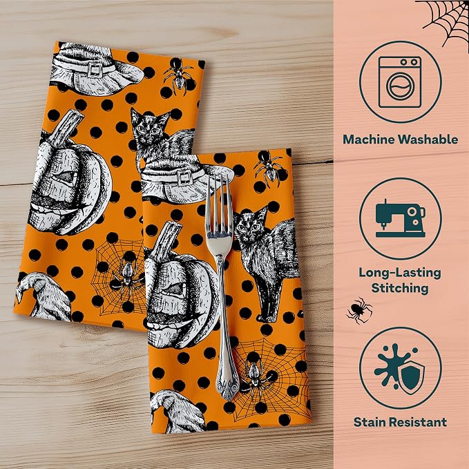Halloween Cloth Napkins | Black Cat Spiders Spiderweb Pumpkin Table Decor | Home Dining Room and Kitchen | Absorbent, Washable, Reusable, Stain & Wrinkle Resistant | USA Made - 4pack - Image 2