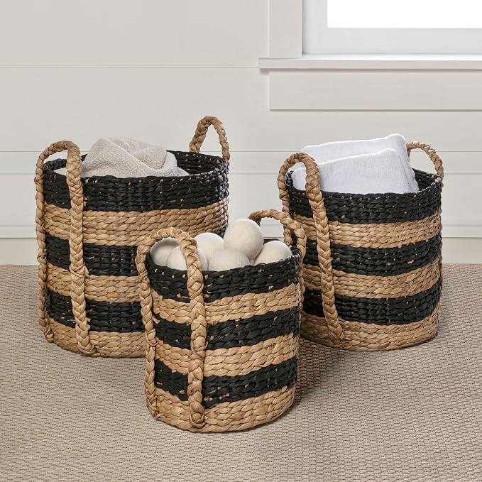 happimess Willow 3-Piece Nesting Hyacinth Baskets 19", Black/Natural | Handwoven, Rustic Cottage Stripe, Integrated Side Handles, Decorative Storage Containers, Living Room, Bedroom - Image 5