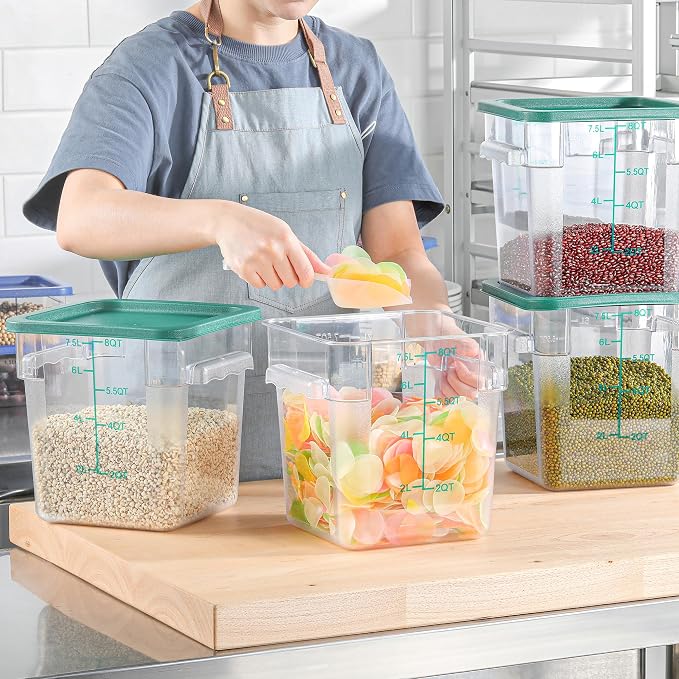 4 Pack 8 QT Food Storage Containers with Green Lids Handle and Scarle Stackable Clear Square Commercial Container Set For Dough Proofing Home Restaurant Kitchen Supply BPA-Free Polycarbonate - Image 2