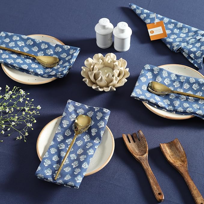 100% Cotton Printed Cloth Napkins Reusable Fall Dinner Napkins Floral Fabric Napkins Set of 6 Machine Washable for Events, Gift, Home Decor - 18"x18" - Blue - Image 3