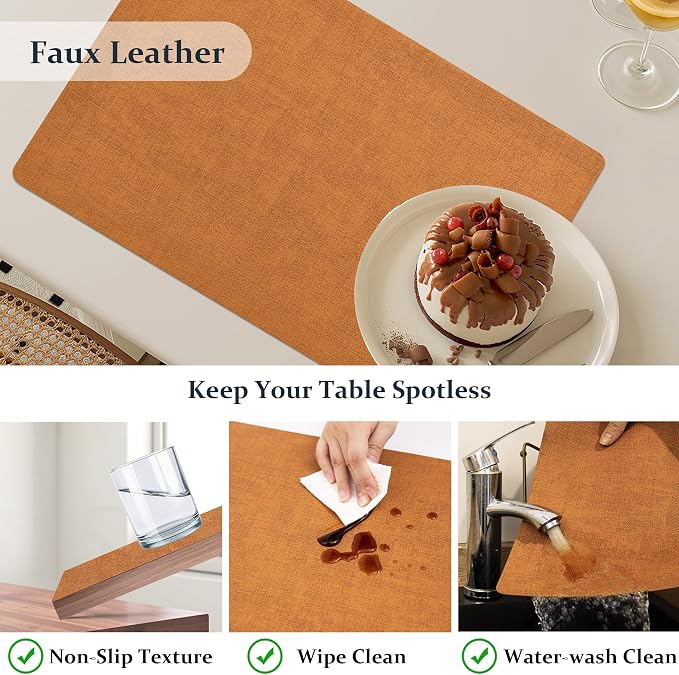 FROMHEART Faux Leather PU Placemats Set of 6 (Orange Grey,11.8" x 17") | Waterproof,Heat/Oil Stain-Resistant Table Mat–Reversible,Non-Slip,Easy to Clean Place Mats for Kitchen,Dining,Indoor/Outdoor - Image 4
