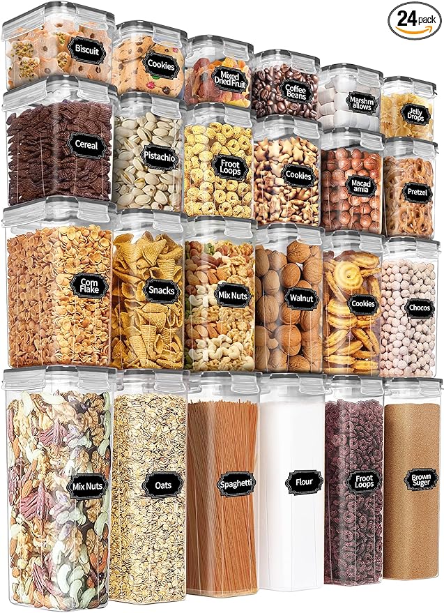 PRAKI Airtight Food Storage Containers Set with Lids - 24 PCS, BPA Free | Multiple Sizes Cereal Containers Storage Set, Pantry Organizers and Storage for Cereal Flour & Sugar - Labels & Marker (Grey) by PRAKI