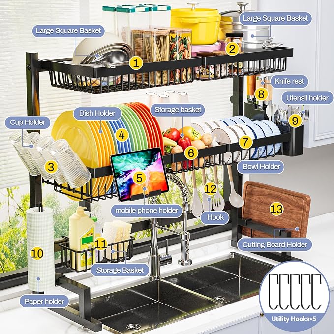 ADBIU Over The Sink Dish Drying Rack (Expandable Height and Length) Snap-On Design 2 Tier Large Dish Rack 31-39.4L x 12W x 34-38H inches - Image 7