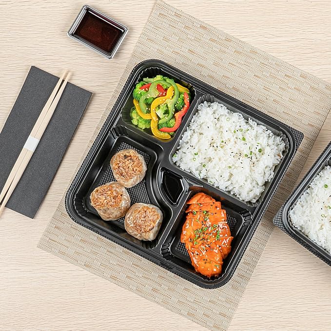 Restaurantware-Bento Tek 39.6 Ounce Meal Prep Containers, 100 Disposable To Go Food Boxes - Lids Sold Separately, 5 Compartments, Black Plastic Bento Lunch Boxes, Microwavable, Freezable - Image 5