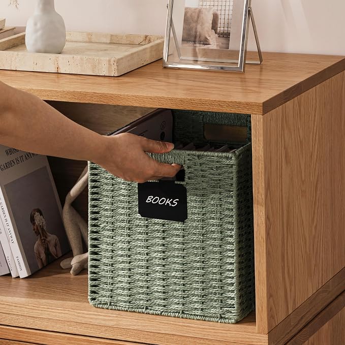 UBBCARE 4 Pack Wicker Basket, 12×12 Storage Cubes with Label, Foldable Cube Storage Bin with Handle, Square Storage Basket for Shelves, Woven Paper Rope Basket for Organizing, Dark Green - Image 4