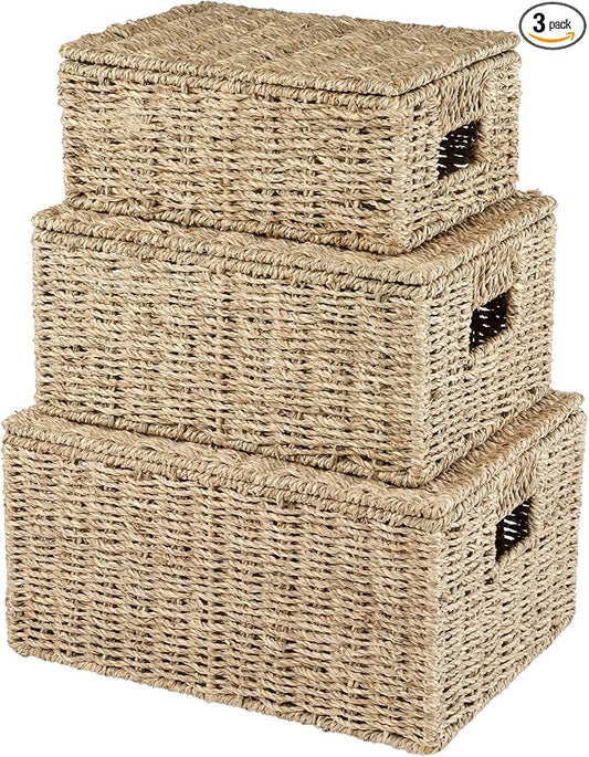 Set of 3 Seagrass Storage Baskets with Lid by 84ECO