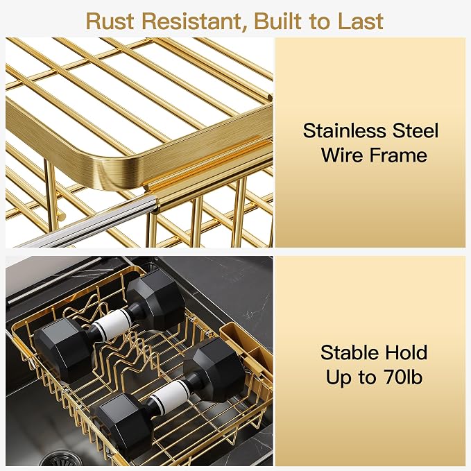 JASIWAY Gold Dish Drying Rack Over the Sink with Utensil Holder | Expandable Stainless Steel Dish Driainers for Small Kitchen, Counter Space Saving, Fast Drain, Rust Resistant, For Apartment - Image 5