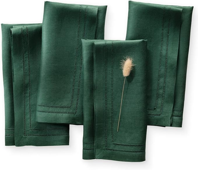 Linen Napkins 20 x 20 inch - 100% Flax Linen Forest Green Double Hemstitch Dinner Napkins Set of 4 - Cloth Napkin Washable for Winter and Christmas Decor by OlucioAuthentiqueHome