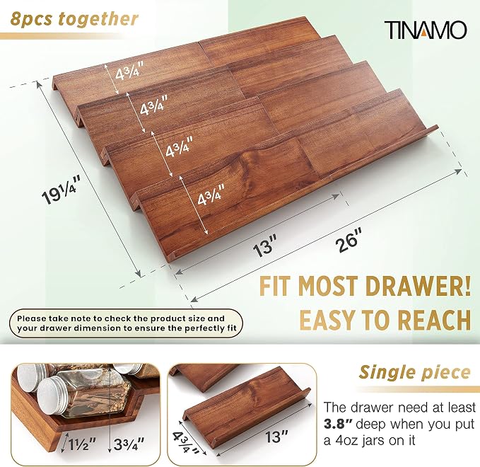 Tinamo Acacia Wooden Spice Rack Organizer for Cabinet - Spice Drawer Insert, Spice Organization for Cabinet, Seasoning Organizer, 4-Tier Spice Jar Rack for Drawer, Spice Holder Pack of 8 (64 Jars) | Acacia Wood Construction, No assembly, Stackable 4-tr... - Image 5
