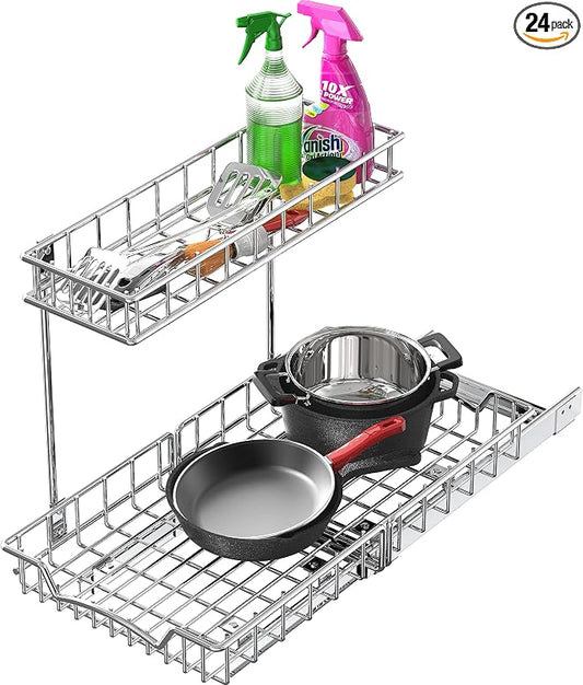 Simple Houseware 2-Tier (L+M) Pull Out Under Cabinet Sliding Shelf, Chrome | for Kitchen Organizer by SimpleHouseware