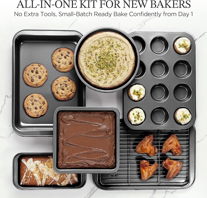KITESSENSU Compact Baking Pans Sets, Nonstick Bakeware Sets 19-Piece with Round/Square Cake Pan, Loaf Pan, Muffin Pan, Cookie Sheet, Roast Pan, Cooling Rack, Carbon Steel Bake Set - Image 6