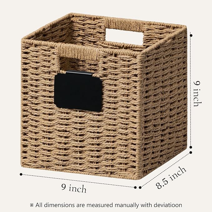 UBBCARE 4 Pack Small Wicker Basket, 9×9 Storage Cubes with Label, Foldable Cube Storage Bin with Handle, Square Storage Basket for Shelves, Woven Paper Rope Basket for Organizing, Brown - Image 2