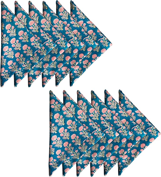 AVKA Studio Cotton Print Napkins 18x18 inches - Washable Cloth Dinner Napkins Set of 12 - Everyday Use or Dinner Party and Events - Teal Blue Indian Block Printed Soft Fabric by AVKAStudio