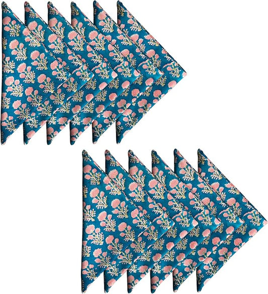 AVKA Studio Cotton Print Napkins 18x18 inches - Washable Cloth Dinner Napkins Set of 12 - Everyday Use or Dinner Party and Events - Teal Blue Indian Block Printed Soft Fabric by AVKAStudio
