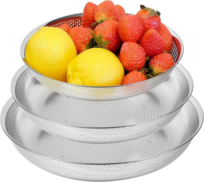 Shallow Stainless Steel Colander Set of 3 – Micro-Perforated Tray Strainers for Berries Vegetables Fruit, 18/8 304 Low Profile (2, 3, 4 Qt) Self-Draining Base, Dishwasher Safe, Made in Korea by COMPORTK
