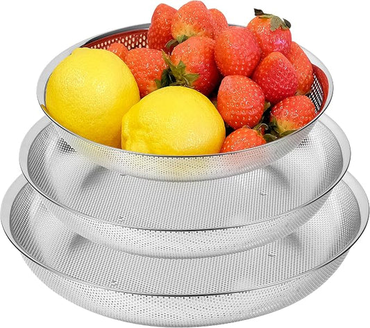 Shallow Stainless Steel Colander Set of 3 – Micro-Perforated Tray Strainers for Berries Vegetables Fruit, 18/8 304 Low Profile (2, 3, 4 Qt) Self-Draining Base, Dishwasher Safe, Made in Korea by COMPORTK