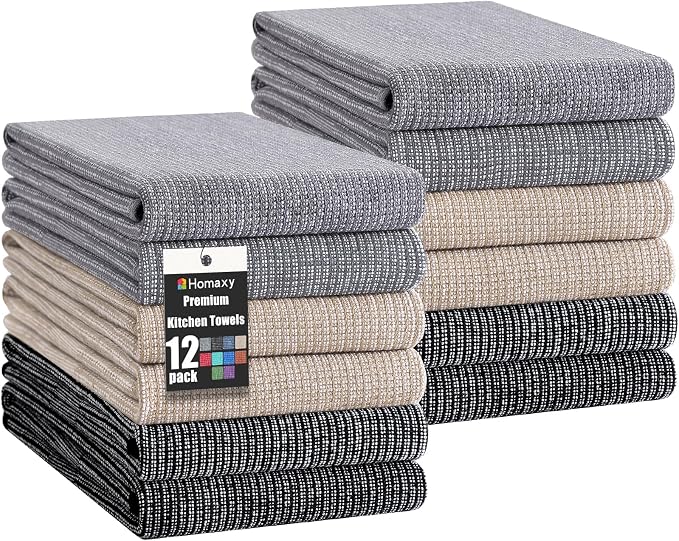 Homaxy 380 GSM Cotton Premium Kitchen Towels 12 Pack, 18"x 28", Mix | Flat and Terry Dish Towels, Highly Absorbent Tea Towel Set with Hanging Loop, Soft Kitchen Hand Towels, Grey/Khaki/Black by Homaxy