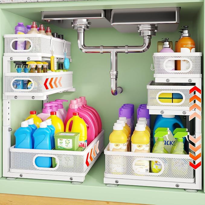 2 Pack Under Sink Organizer,3-Tier White Metal Pull Out Kitchen Cabinet Organizers,Slide Out Undersink Storage Drawers,Under The Sink Organization and Storage, Bathroom Shelves for Pantry,Laundry Room by Kzeirm