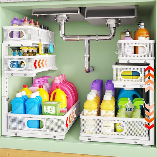 2 Pack Under Sink Organizer,3-Tier White Metal Pull Out Kitchen Cabinet Organizers,Slide Out Undersink Storage Drawers,Under The Sink Organization and Storage, Bathroom Shelves for Pantry,Laundry Room by Kzeirm