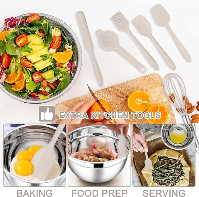 E-far Mixing Bowls with Lids Set, 21PCS Stainless Steel Mixing Salad Bowls with 3 Grater Attachments, Size 7, 4.6, 3.5, 2.6, 2, 1.5, 1QT, Nesting Design & Khaki Airtight Lid, For Baking/Prepping - Image 2