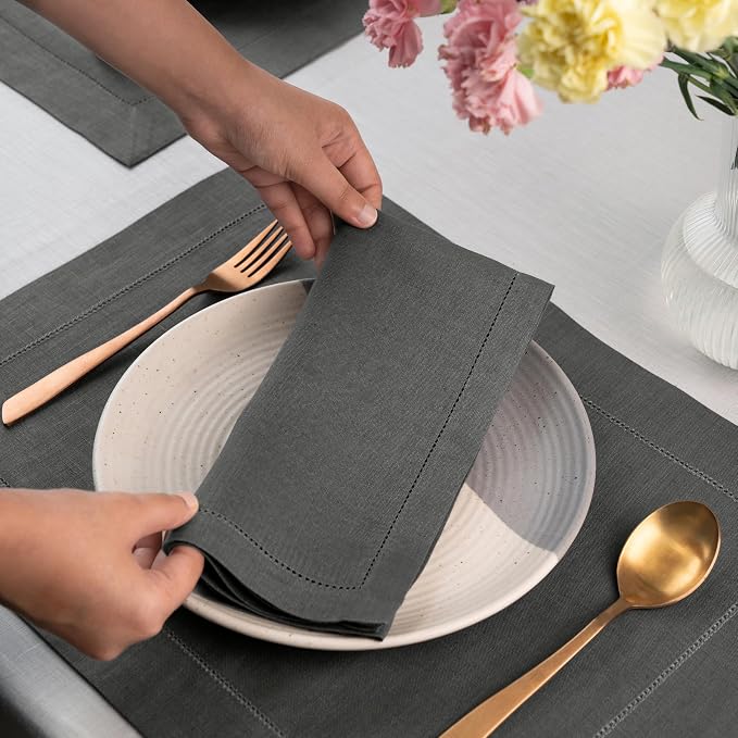 Signature Linen™ by D'Moksha Charcoal Gray Dinner Napkins Set of 8, 20 x 20 Inch Cloth Napkins, 100% Pure Linen, Hemstitch, Machine Washable Table Napkins- Summer, Weddings, Outdoor hostings - Image 2