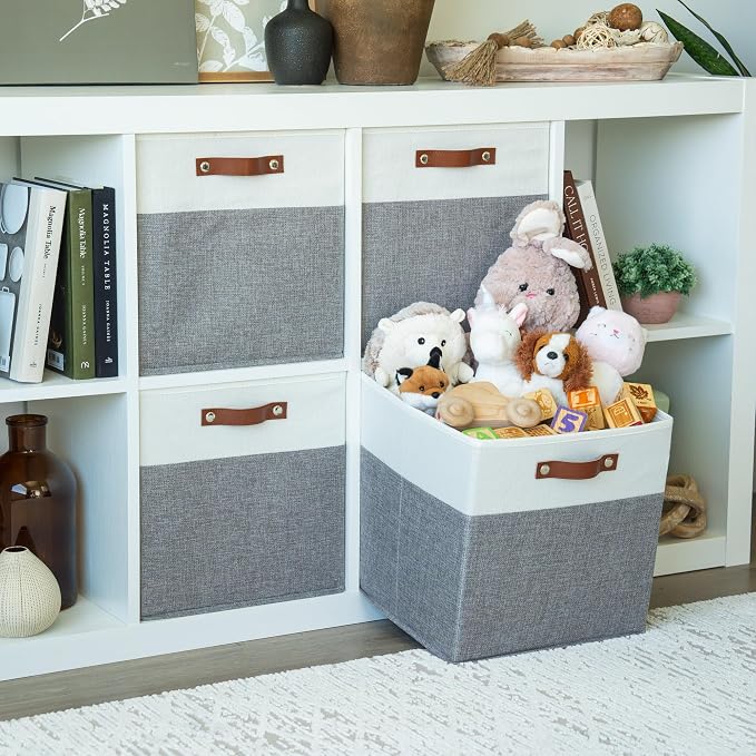 OrganiHaus 13x13 Cube Storage Bins, Set of 4 - Fabric Storage Cubes | Sturdy, holds its shape; odor-free; fits IKEA Kallax and Expedit; vegan leather handles - Image 3